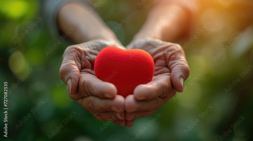 Elderly senior person or grandparent's hands with red heart in support of nursing family caregiver for national hospice palliative care and family caregivers month concept Elderly senior person or grandparent's hands with red heart in support of nursing family caregiver for national hospice palliative care and family caregivers month concept