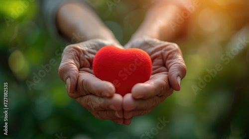 Elderly senior person or grandparent's hands with red heart in support of nursing family caregiver for national hospice palliative care and family caregivers month concept