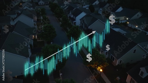 Aerial of American neighborhood with chart representing rising prices in home real estate. Suburban housing development at dusk. Inflation in United States. 3D graphic