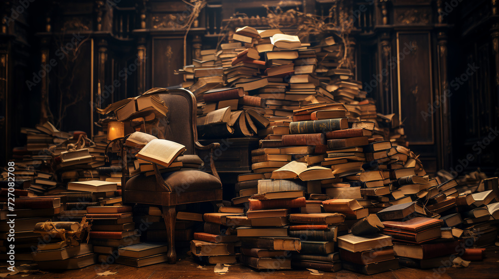 custom made wallpaper toronto digitalA large pile of old, antique books in a dimly lit library