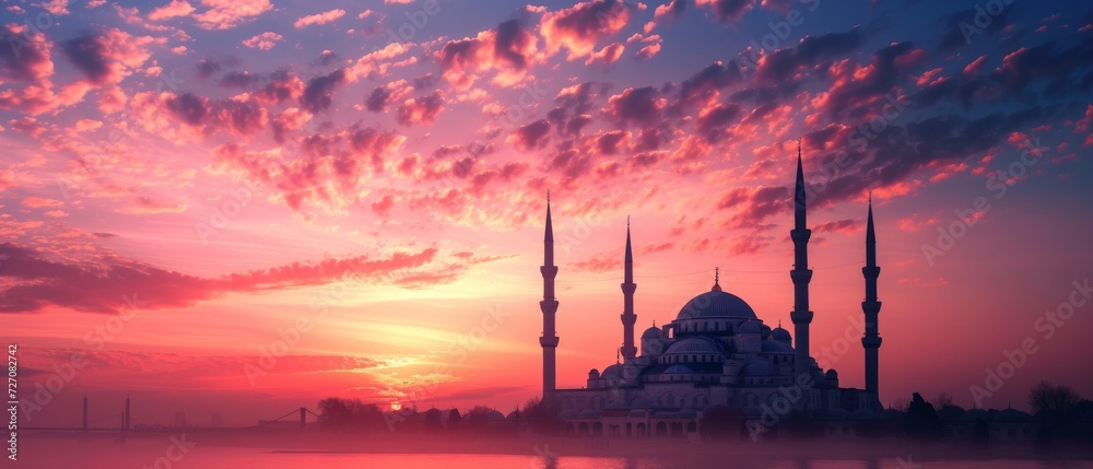 Obraz premium colors in the sky transition from deep purple to pink and orange creating a visually stunning backdrop mosque