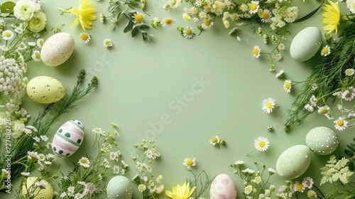 Green Easter background with springtime flowers and Easter eggs, top view. Frame