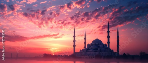 colors in the sky transition from deep purple to pink and orange creating a visually stunning backdrop mosque © Suhardi