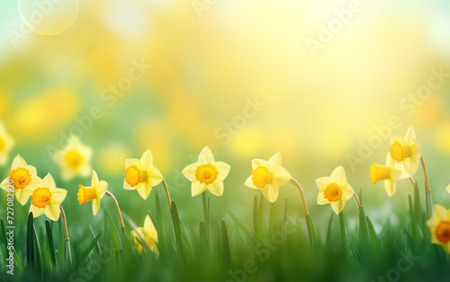 Vibrant Blooms: A Stunning Bouquet of Yellow Daffodils Peeking Through the Green Grass in a Blooming Spring Garden