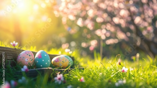 Painted easter eggs in the grass celebrating a Happy Easter in spring with a green grass meadow, cherry blossom and on rustic wooden bench to display