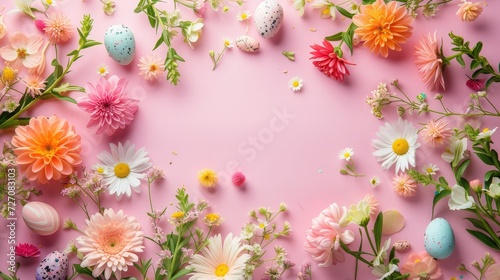 Pink Easter background with springtime flowers and Easter eggs, top view. Frame