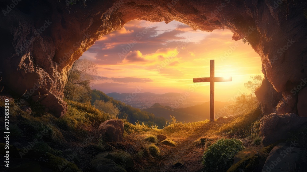 Sunset view of a wooden cross from a cave.