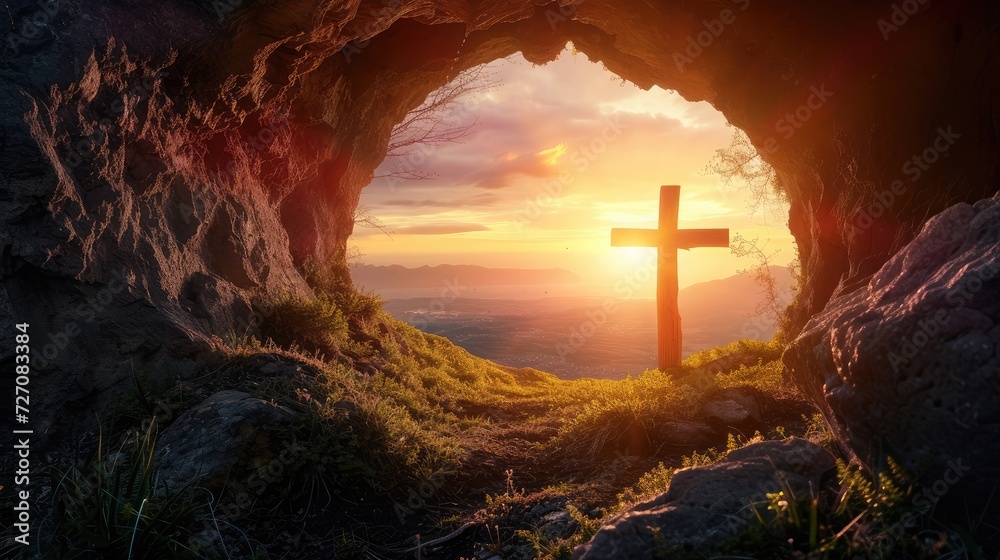 Sunset view of a wooden cross from a cave. - obrazy, fototapety, plakaty 