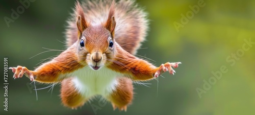 Wildlife animal photography background - Closeup of sweet crazy jumping red squirrel (sciurus vulgaris) in the forest or park