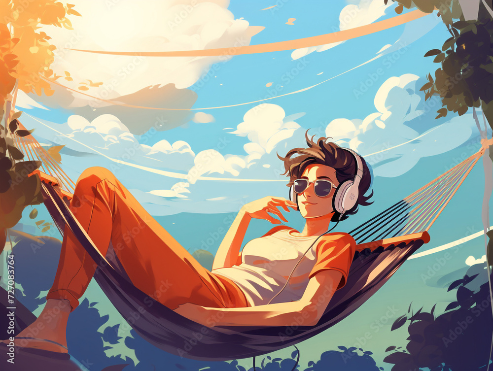 A relaxed individual finds peace and enjoyment while listening to music on a hammock.