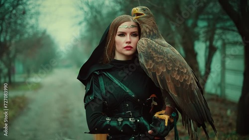 art portrait fantasy woman looking at camera holding white-tailed eagle wild bird on hand. Elf Princess girl warrior beauty face. Lady queen assassin hunter black dress armor, nature dark trees fog 4k