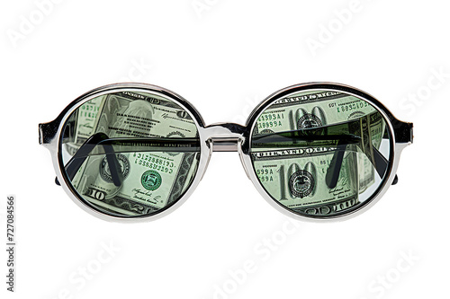 Glasses with reflection of a one dollar bill, isolated Eyewear glasses with one hundred dollars lens. Concept advertising creative art photo earnings. on transparent background Generative Ai