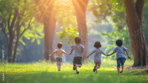 Joyful children engrossed in a carefree playtime at the park, exuding pure innocence, boundless playfulness, and the liberating feeling of freedom.