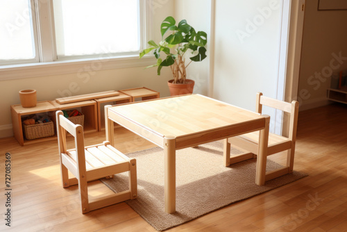 Montessori materials concept. empty low wooden table and chairs in kindergarten.