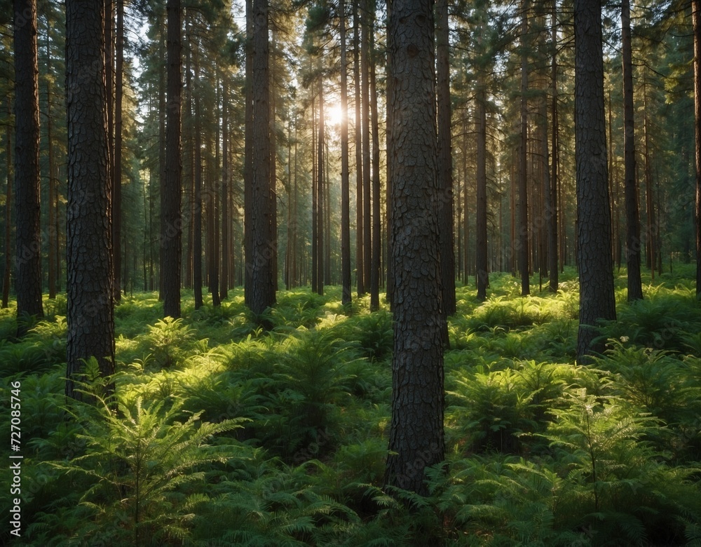 Nature symphony. Lush green pines forest serene summer morning view. Coniferous haven.