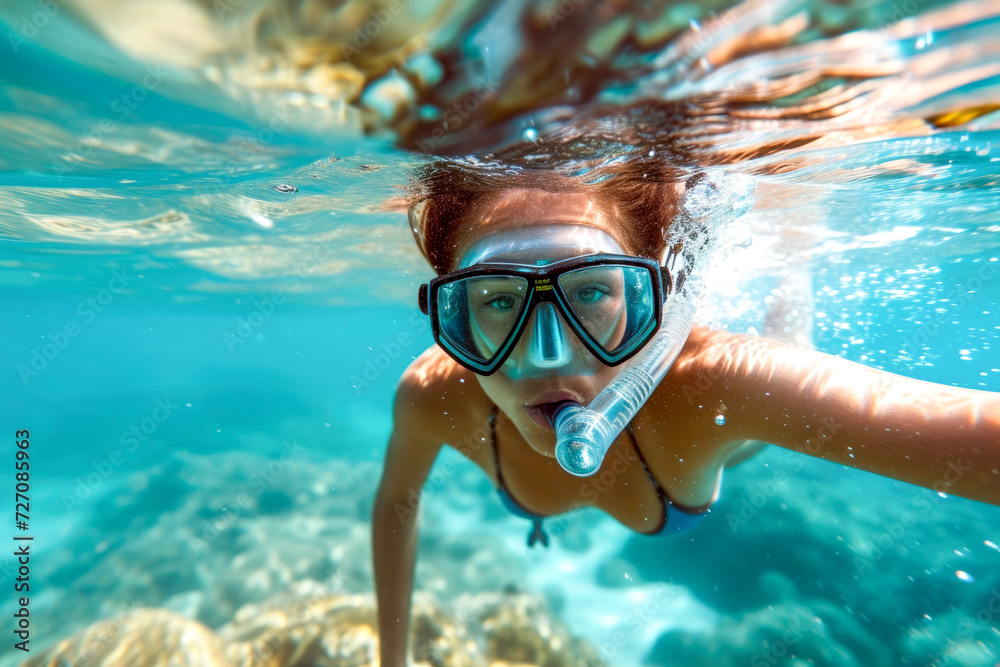 girl practicing snorkeling , holidays concept, sport concept