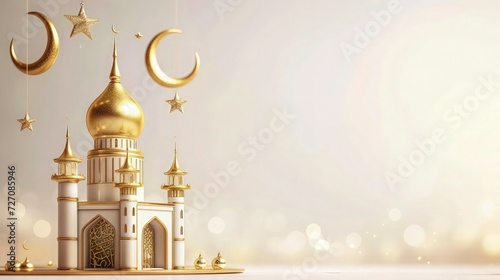 Ramadan Kareem background- cute gold mosque illustration banner, Muslim happy holiday, 3d render mosque