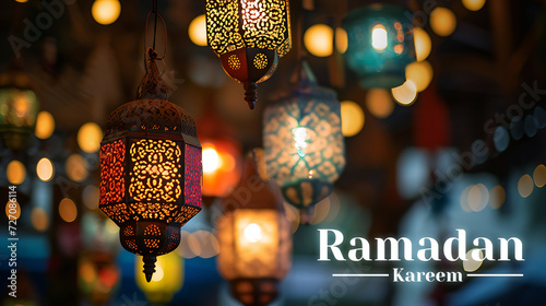 Hanging Ornamental Arabic lantern glowing at night invitation for Muslim holy month Ramadan Kareem