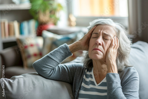 Senior woman with migraine headache isolated on livingroom background 