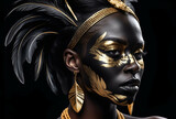 a woman in gold and black face painting is posing in front of a dark background