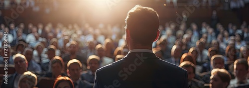 Speaker standing in front of the audience. Public speaking concept.