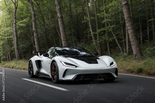 A futuristic EV supercar running in the forest with motion blur and copy space. Luxury and Sustainable concept. © PNG&Background Image