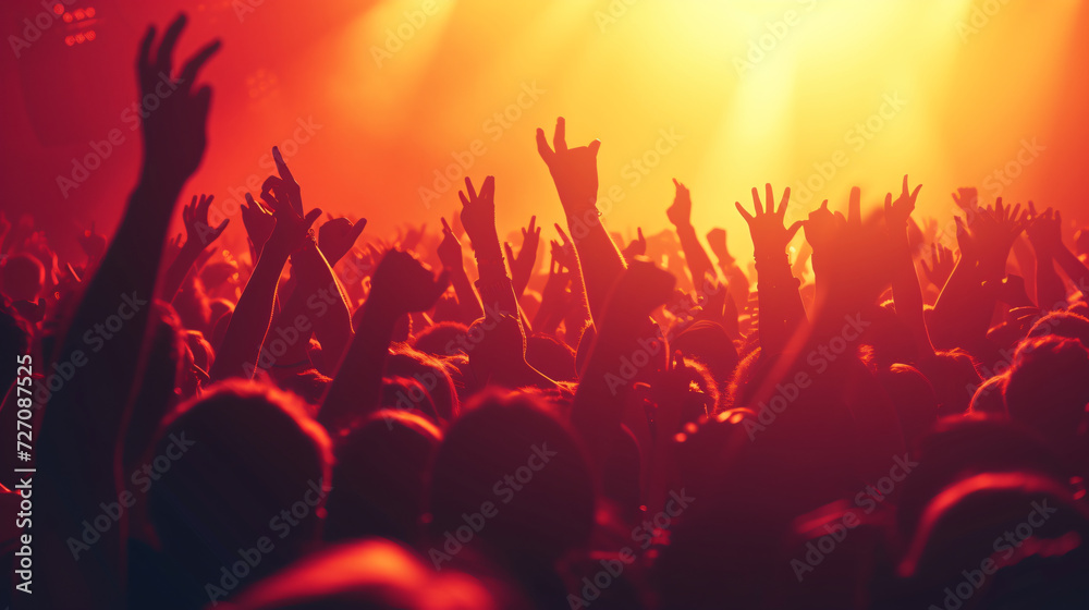 Silhouette of an ecstatic crowd, arms raised, cheering and completely immersed in the electrifying atmosphere of a massive concert. A spectacular moment capturing the essence of collective j