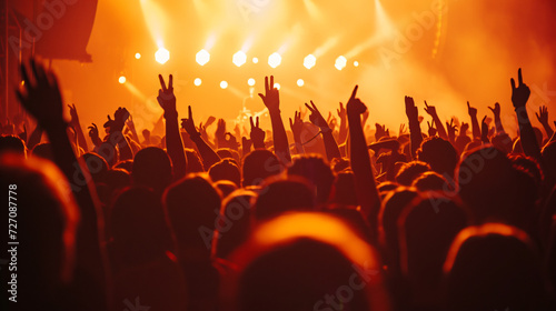 Silhouette of ecstatic crowd rejoicing at an electrifying concert under vibrant lights. Embrace the contagious energy of live music with this captivating image. © stocker