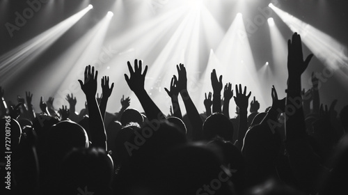 Silhouette of a euphoric crowd cheering and waving hands at a massive concert, creating an electrifying atmosphere. Perfect for illustrating the energy of live shows and the unity of music l photo