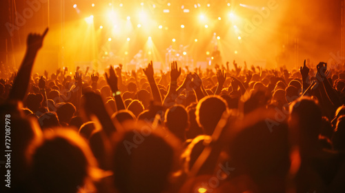 Silhouette of ecstatic crowd rejoicing at an electrifying concert under vibrant lights. Embrace the contagious energy of live music with this captivating image. © stocker