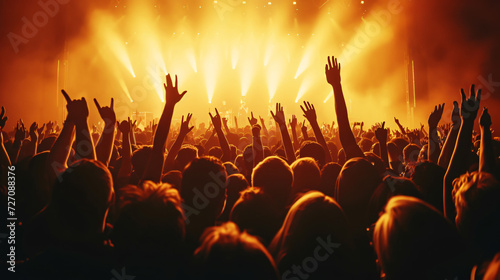 Silhouette of an ecstatic crowd cheering with energy at a massive concert, their excitement illuminating the night sky.