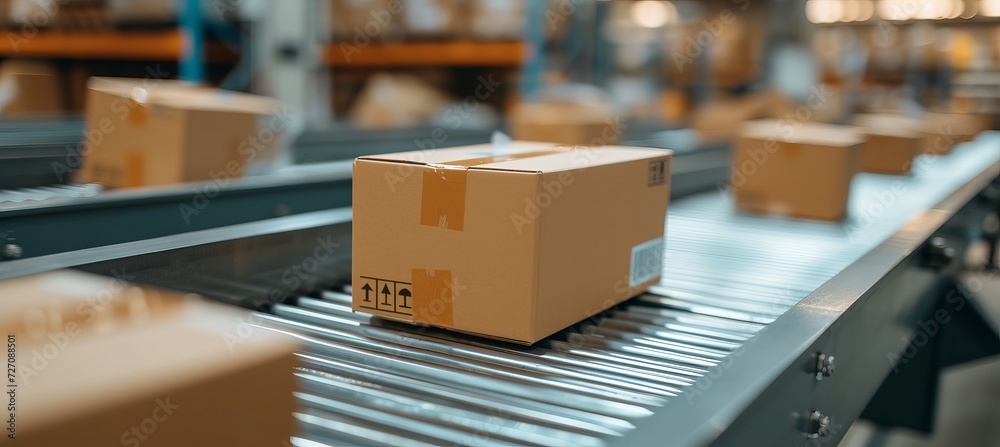 Close up of multiple cardboard box packages moving along a conveyor belt in a busy warehouse Close up of multiple cardboard box packages moving along a conveyor belt in a busy warehouse