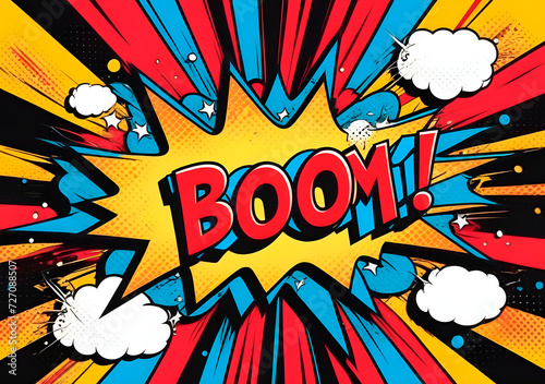 comics pop art style boom sign frame in bright colors, superhero party theme. Generative AI