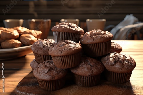 Delicious chocolate muffins on wooden table in cafe, closeup, Ai Generated