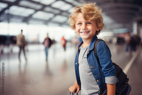 curly blond boy, young traveler at the airport or train station