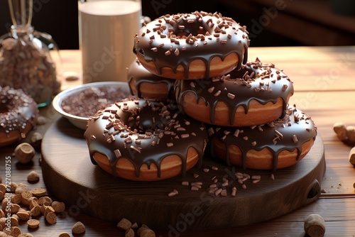 Glazed donuts with chocolate glaze on wooden table, closeup, Ai Generated
