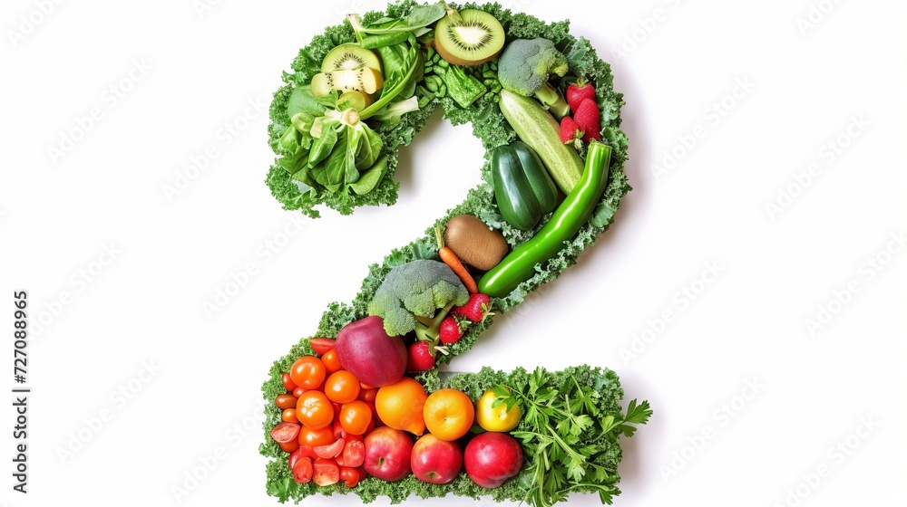 Number 2 composed of assorted fruits and vegetables isolated on white background