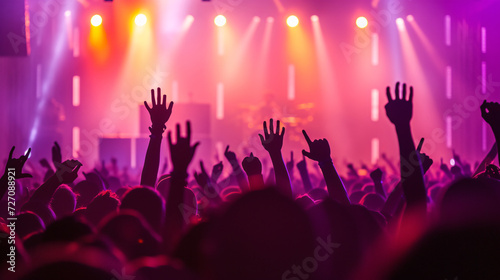 Dynamic silhouette of a euphoric crowd cheering at an electrifying concert, capturing the energy and excitement of live music. © stocker