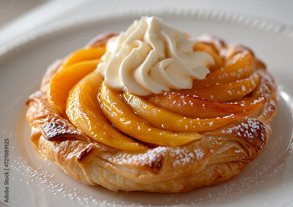 Glazed Peach Danish Pastry, A fresh peach danish with a creamy filling and glazed topping, presented on a white plate with a mint garnish. Glazed Peach Danish Pastry, A fresh peach danish with a creamy filling and glazed topping, presented on a white plate with a mint garnish.