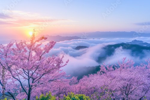 Capturing the Beauty of Dawn with a Sea of Clouds and Cherry Blossoms.