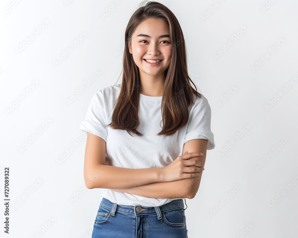 a carefree asian lady smiling lively wearing white t-shirt and blue jeans a carefree asian lady smiling lively wearing white t-shirt and blue jeans