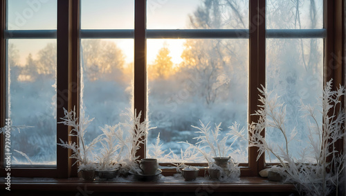 Frost-covered windows giving way to the warmth of indoor spaces, a transition from winter's chill to the coziness of early spring. © xKas