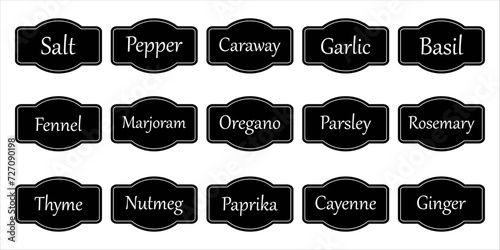 Set of vector kitchen sticker. Spice pepper label, herb tag, spicy emblem, paper, salt, ginger, thyme, sugar, jar label.