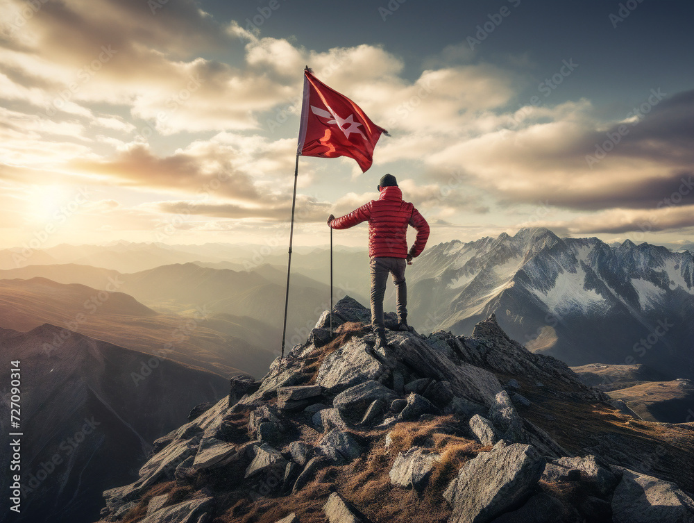Obraz premium A triumphant hiker plants a flag on a snowy mountain peak with breathtaking panoramic views.