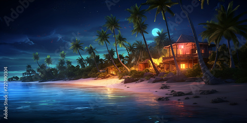 A tropical beach house by the sea, A night scene with palm trees and mountains,