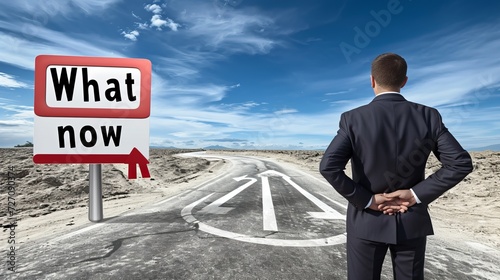 Lost man at crossroads with  what now  sign  contemplating future choices and decisions