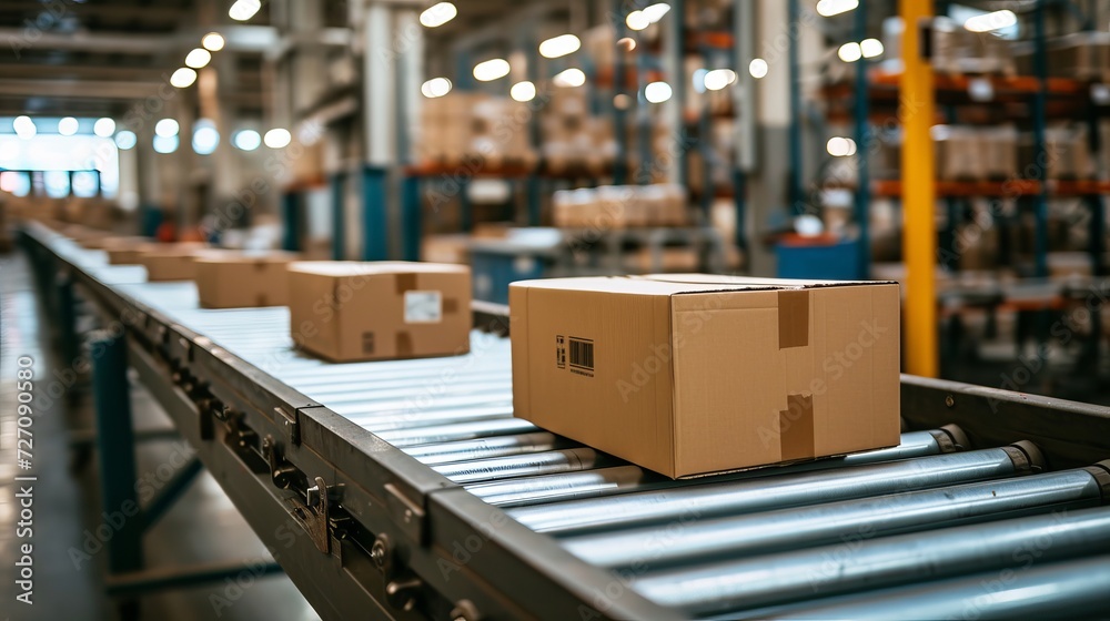 Cardboard box packages moving along a conveyor belt in a warehouse setting, close up view