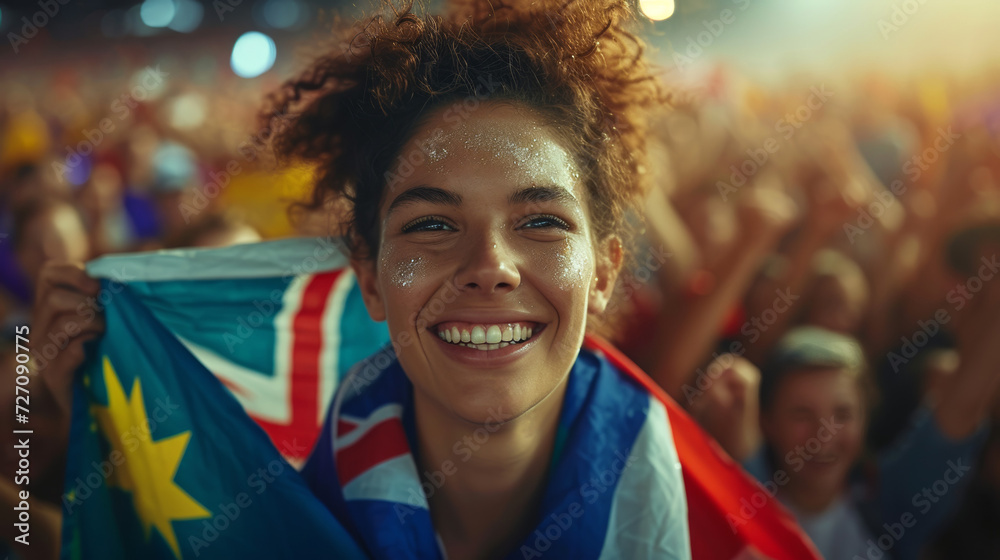 Australian joyful Spectator Celebrating Victory at a Sports Event with Flags
Australian joyful Spectator Celebrating Victory at a Sports Event with Flags