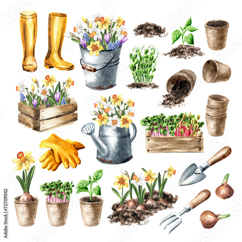 Gardening set. Spring works in the garden concept. Hand drawn watercolor illustration isolated on white background photo