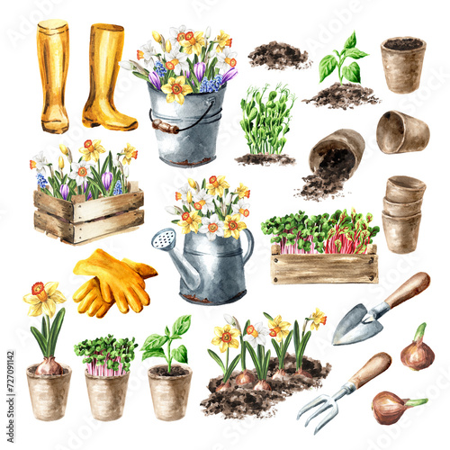 Gardening set. Spring works in the garden concept. Hand drawn watercolor illustration isolated on white background